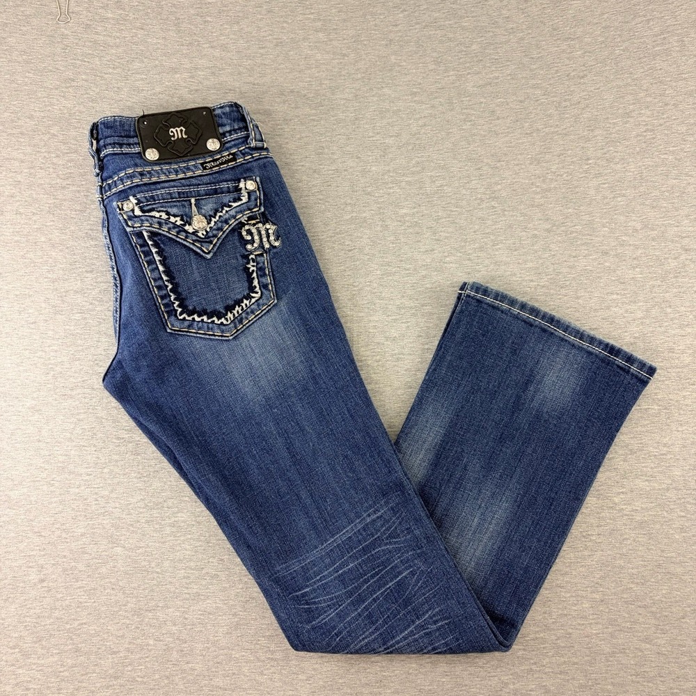 Miss Me Women's Blue Bootcut Jeans Size 29 Medium Wash Stretch Embellished Y2K